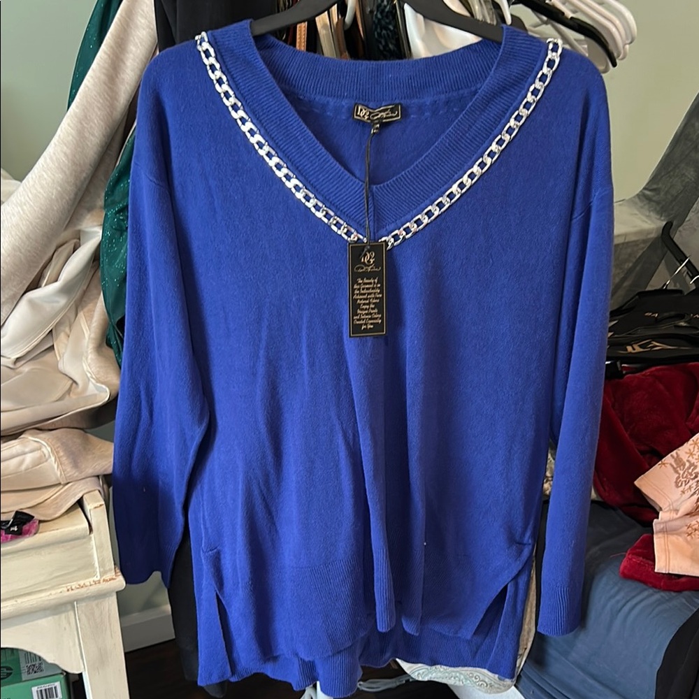 DG2 by Diane Gilman Blue 3/4 Sleeve Relaxed Blouse with Silver Detail
